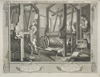 Industrie und Müßiggang: Die Gefährten an ihren Webstühlen, 1747