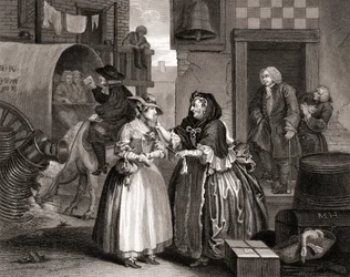 Der Fortschritt der Dirne, verführt von einer Kupplerin, aus Die Werke von Hogarth, veröffentlicht in London 1833 (Kupferstich)
