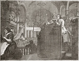 Der fleißige Lehrling, der die Pflicht eines Christen erfüllt, aus der Serie „Industry and Idleness“, Oktober 1747 - Platte aus einer Serie von 12 Stichen von William Hogarth, britischer Illustrator, betitelt „Industry and Idleness“.