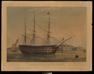 Diese nationale Gravur von W. Read nach einem Originalgemälde von Huggins, von Ihrem Majestäts Schiff Howe, mit Blick auf das Greenwich Hospital und das Observatorium