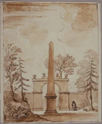 Chiswick, Ansicht des Burlington Lane Tors, der Obelisk im Vordergrund und Kent mit Hund