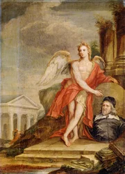 Der Genius der Architektur hält ein Porträt von Inigo Jones
