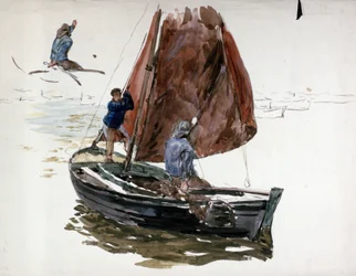 Ein Mann und ein Junge an Bord eines kleinen Segelbootes