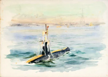Studie eines A-Klasse-U-Bootes in Fahrt, möglicherweise im Hafen von Portsmouth, frühes 20. Jahrhundert