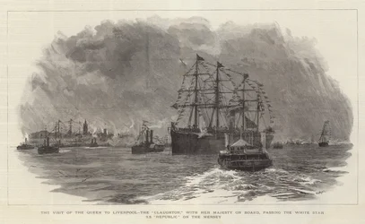 Der Besuch der Königin in Liverpool, die Claughton, mit Ihrer Majestät an Bord, passiert die White Star SS Republic auf dem Mersey