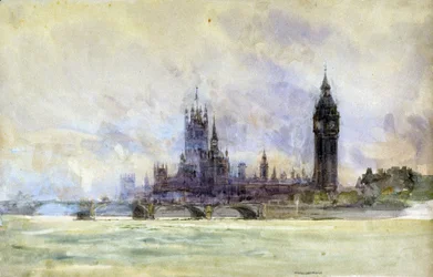 Westminster Bridge, Parlament und Big Ben in London (England). Aquarell, spätes 19., frühes 20. Jahrhundert, von William Lionel Wyllie (1851-1931).