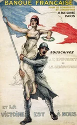 Französische Bank für Handel und Industrie. Plakat für den nationalen Kredit: „Abonnieren Sie den Befreiungskredit und der Sieg ist unser“ - ill. von William Malherbe