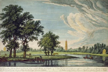 Kew, Blick auf den See und die Insel vom Rasen aus, mit der Brücke, den Tempeln von Arethusa und Victory und der Großen Pagode in den Königlichen Gärten von Kew