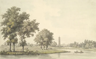 Blick auf den See und die Insel vom Rasen in Kew, 1763