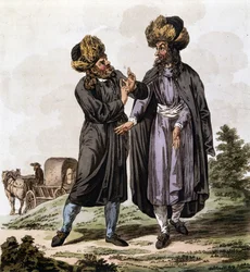 Polnische Juden, Gravur aus dem Buch „The Costume of the Hereditary States of the House of Austria“ von Antoine François Bertrand de Molleville, illustriert von William Miller (1796-1882) im Jahr 1804