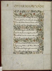 (Ganzes Folioblatt) Die Rubaiyat von Omar Khayyam, Verse 4 - 6. Kalligraphisch geschrieben und dekoriert von William Morris, mit Rändern aus Laub und Blumen