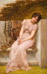 Porträt einer jungen Frau, die auf einem Marmorsitz sitzt, 1882