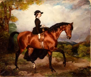 Porträt von Mrs. Thomas Conolly, im Damensitz und in schwarzer Reitkleidung auf einem kastanienbraunen Jagdpferd sitzend