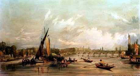 Waterloo Bridge von Westen mit einem Bootsrennen (Lithografie)
