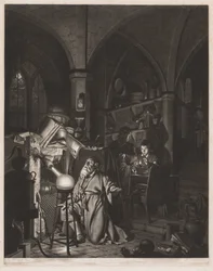 Der Alchimist, auf der Suche nach dem Stein der Weisen, entdeckt Phosphor und betet..., 1775
