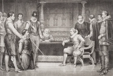 Guy Fawkes (1570-1606) verhört von James I. (1566-1625) und seinem Rat im Schlafzimmer des Königs, aus 