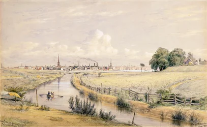Jersey City mit einem Blick auf New York vom Bergen-Kanal, 1854