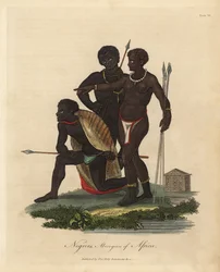 Südafrikanische Eingeborene mit Speeren, Tierhautmantel, Halskette