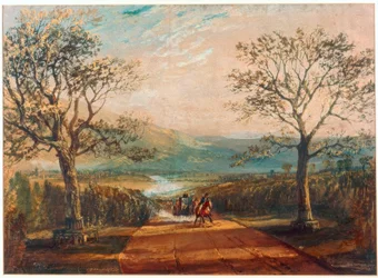 Kutsche auf Straße durch Tal, Moorlandschaft dahinter