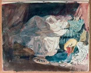Nacktes Mädchen und Begleiter auf einem Bett