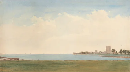 Porchester Castle: Ein Blick vom Dorf Porchester über das Wasser nach Portsmouth