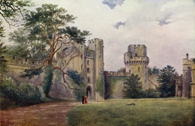 Warwick Castle: Uhren- und Cäsartürme (Farblithografie)