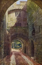 Warwick Castle: Torhaus und Fallgatter (Farblithografie)