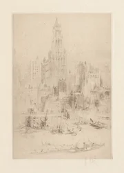 Downtown Manhattan vom East River, mit dem Woolworth Building
