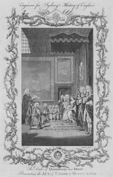 Der Herzog von Queensberry und Dover überreicht Königin Anne das Unionsgesetz, 1773