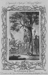Der Gouverneur von Meaux wurde an dem Baum hingerichtet, an dem er seine englischen Gefangenen aufzuhängen pflegte, 1773