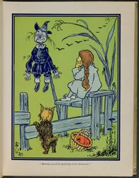 "Dorothy schaut nachdenklich auf die Vogelscheuche", Illustration aus "Der wunderbare Zauberer von Oz" von Lyman Frank Baum