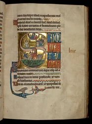 Ms 322 f.67r, Psalm 68, Initiale S, Jona betet zu Christus beim Verlassen des Wals und Jona wird dem Wal zugeworfen, Illustration aus dem 
