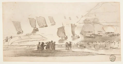 Strandszene mit Menschen und Fischerbooten, Cullercoats, England