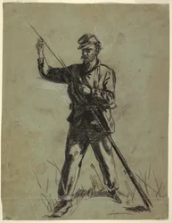 Zeichnung, Kavalleriesoldat lädt ein Gewehr, 1863–64