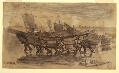 Fischer, die eine Dory an Land ziehen, Cullercoats, England, 1881