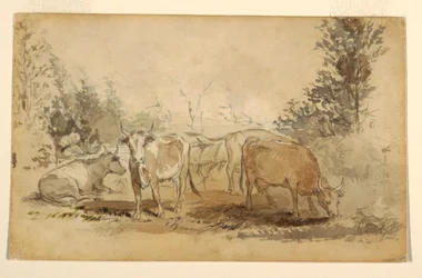Vier Kühe auf einer Weide, ca. 1855–60