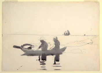 Zwei Figuren in einem Ruderboot