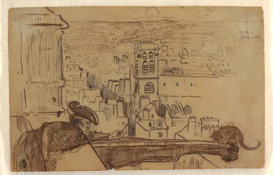 Ansicht von Paris mit einem Geländer des Notre-Dame-Kathedralturms, 1867
