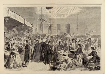 Große Messe in den City Assembly Rooms, New York, Dezember 1861, zugunsten der Stadtarmen, aus Harper