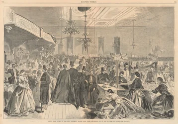 Großer Jahrmarkt in den Stadtversammlungshallen, New York, Dezember 1861, zugunsten der Stadtarmen; aus Harper