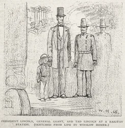 Präsident Lincoln, General Grant und Tad Lincoln an einem Bahnhof