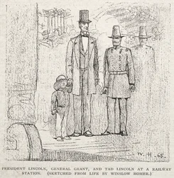 Präsident Lincoln, General Grant und Tad Lincoln an einem Bahnhof, 1887
