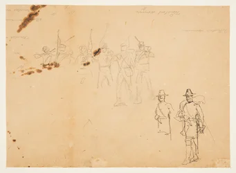 Skizzen einzelner Infanteriefiguren und Übungsunterschriften