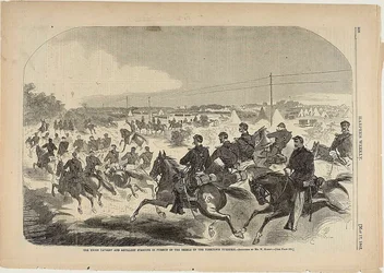 Die Union Kavallerie und Artillerie starten die Verfolgung der Rebellen auf dem Yorktown Turnpike
