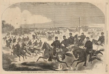Die Kavallerie und Artillerie der Union brechen zur Verfolgung der Rebellen auf dem Yorktown Turnpike auf, aus Harper