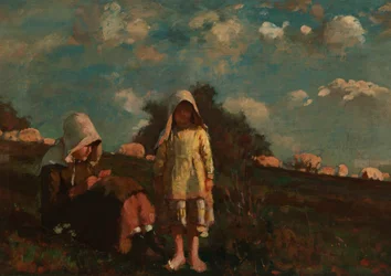 Zwei Mädchen mit Sonnenhüten auf einem Feld