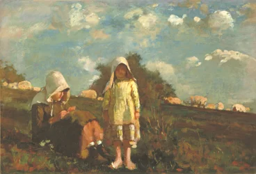 Zwei Mädchen mit Sonnenhüten auf einem Feld