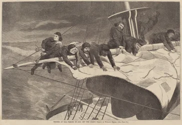 Winter auf See - Segel einholen vor der Küste, veröffentlicht 1869