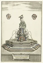 Sechseckiges Becken auf Erhöhung mit Treppen (Architectura Curiosa Nova)
