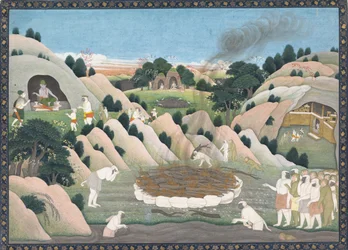 Der Affenkönig Valis Scheiterhaufen: Illustrierte Seite aus einer verstreuten Ramayana-Serie, ca. 1780